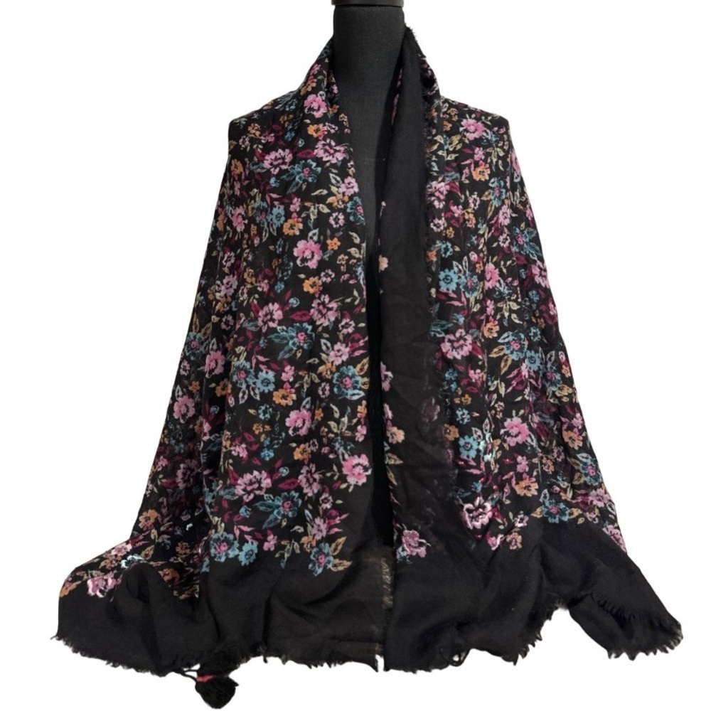 Boho Floral Tassel Scarf – Large Black Pashmina Style Shawl Pink & Blue Flowers - Picture 4 of 17